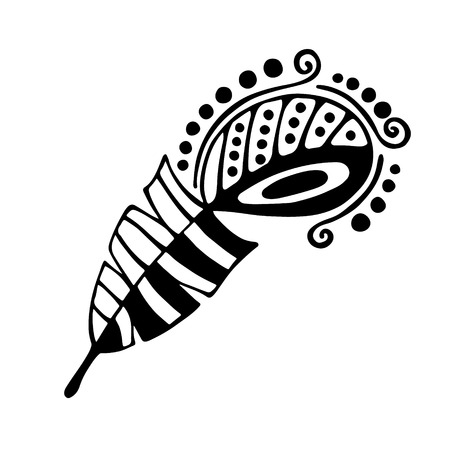 Vector hand drawn illustration, decorative ornamental stylized feather. Black and white graphic illustration isolated on the white background. Inc drawing silhouette.のイラスト素材