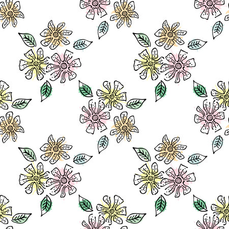 Seamless vector hand drawn seamless floral  pattern.  Colorful Background with flowers, leaves. Decorative graphic vector drawn illustration. Line drawing with splash, blotsのイラスト素材