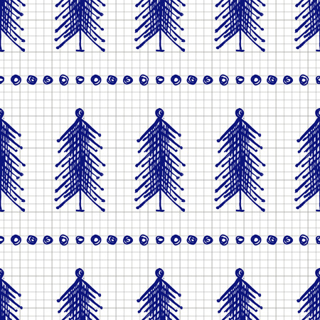 Seamless vector pattern with fir-trees. Blue and white seasonal winter background with cute hand drawn fir trees on the checkered paper Graphic illustration. Series of winter seamless vector patterns.のイラスト素材