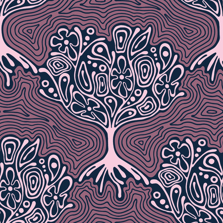 Seamless pattern, vector hand drawn repeating illustration, decorative ornamental stylized endless trees. Violet abstract seamles graphic illustration. Artistic hand drawing backgroundのイラスト素材