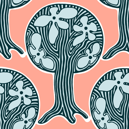 Seamless pattern, repeating illustration, decorative ornamental stylized endless trees. Red, blue  abstract background, seamles graphic illustration Artistic line drawing silhouetteのイラスト素材