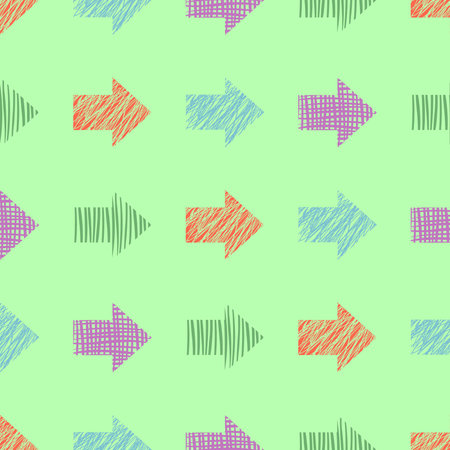 Seamless geometrical pattern with arrows.  Green pastel endless background with  drawn textured...