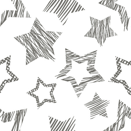 Seamless geometrical pattern with stars. Grey pastel endless background with  drawn textured geometric figures. Graphic  illustrationのイラスト素材