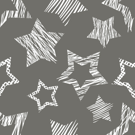 Seamless geometrical pattern with stars. Grey pastel endless background with  drawn textured geometric figures. Graphic  illustrationのイラスト素材