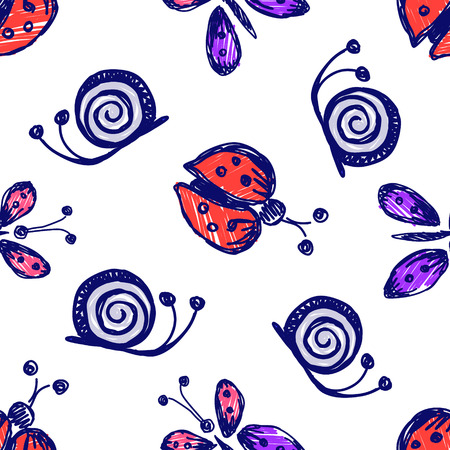 Seamless vector hand drawn seamless pattern with insect. Colorful Background with ladybug, butterfly, snail, dots. Decorative cute graphic drawn illustration.のイラスト素材