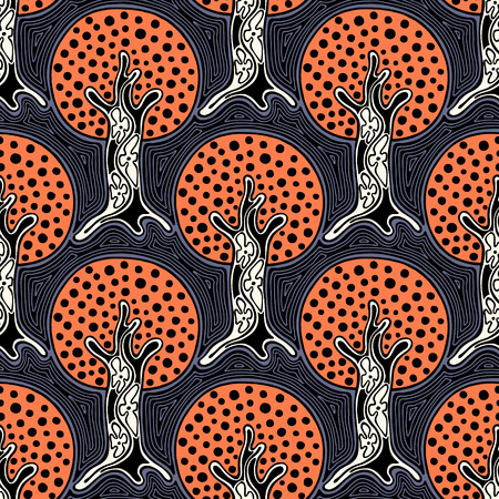 Seamless pattern, vector hand drawn repeating illustration, decorative ornamental stylized endless trees. Red abstract background, seamles graphic illustration Artistic line drawing silhouetteのイラスト素材