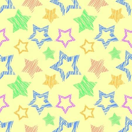 Seamless vector  geometrical pattern with stars. Yellow endless background with  hand drawn textured geometric figures. Graphic  illustration Template for wrapping, web backgrounds, wallpaperのイラスト素材