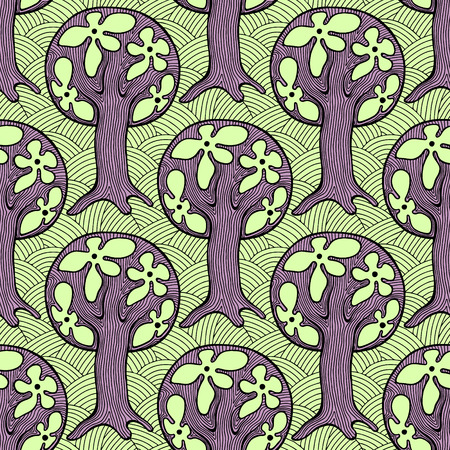 Seamless pattern, vector hand drawn repeating illustration, decorative ornamental stylized endless trees. Colorful abstract background, seamles graphic illustration Artistic line drawing silhouetteのイラスト素材