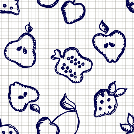 Seamless vector pattern with cute childish hand drawn  fruits Blue white doodle background with line drawing sketch apple, pear, strawberry cherry berry. pomegranate Graphic repeat doodle illustrationのイラスト素材