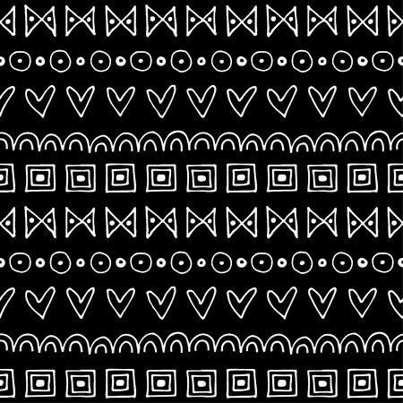 Seamless vector pattern. Black and white geometrical background with hand drawn little decorative elements.Simple design. Graphic vector illustration. Template for wrapping, background wallpaper coverのイラスト素材