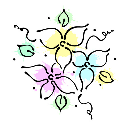Vector floral illustration. bouquet with flowers, leaves, decorative elements isolated on the white background. Hand drawn contour lines and strokes. Doodle style, graphic vector illustrationのイラスト素材