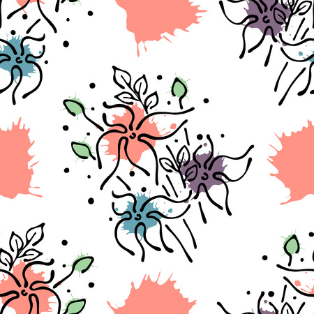 Vector seamless floral pattern with flowers, leaves, decorative elements, splash, blots, drop Hand drawn contour lines and strokes Doodle sketch style, graphic vector drawing illustrationのイラスト素材