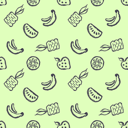 Seamless vector pattern with cute childish hand drawn  fruits Green doodle background with line drawing sketch pineapple, banana, watermelon. orange, strawberry. Graphic repeat doodle illustrationのイラスト素材