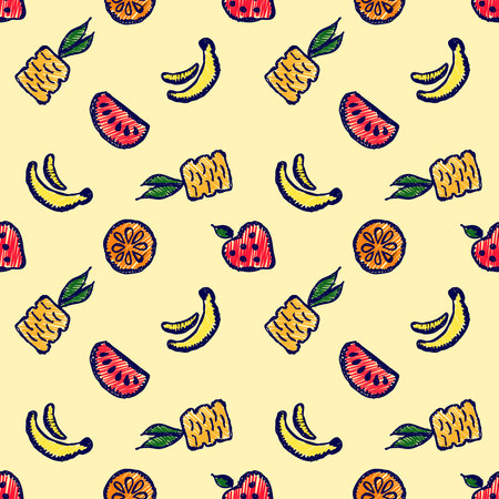Seamless vector pattern with cute childish hand drawn  fruits Colorful doodle background with line...