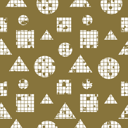 Seamless vector abstract pattern. geometric background with circles, squares, triangles. Grunge texture with attrition, cracks and ambrosia. Old style vintage design. Graphic illustration.のイラスト素材