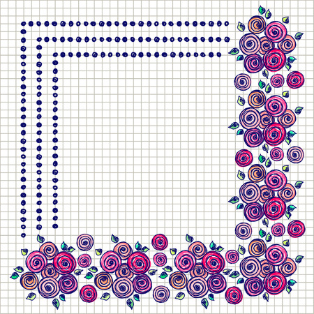Floral frame. Hand drawn roses and leaves Vector design. Hand sketch line drawing. Decorative card with space for text. Artistic drawing Series of Cards, Blanks and Forms, Template.のイラスト素材