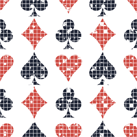 Seamless vector abstract pattern background with icons of playings cards Grunge texture with attrition, cracks and ambrosia. Old style design Graphic illustration. Series of Gaming, Gambling Patternsのイラスト素材