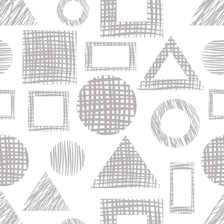 Seamless vector geometrical pattern with triangles, circle, square endless background with hand drawn textured geometric figures Grey Graphic illustration for wrapping, web backgrounds, wallpaperのイラスト素材