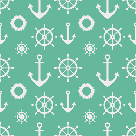 Vector seamless pattern with anchor, steering wheel. Symmetrical background, nautical theme. Graphic illustration. Template for wrapping, backgrounds, fabric, prints, decor, surfaceのイラスト素材