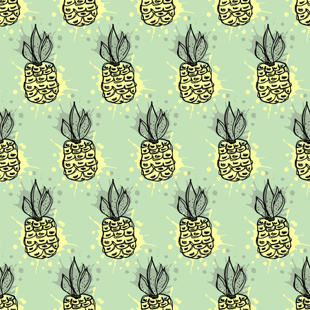 Seamless vector pattern. Hand drawn fruits illustration of colorful pineapple with splash and drop, cute background. Line drawing, Series of fruits vector seamless Patterns.のイラスト素材