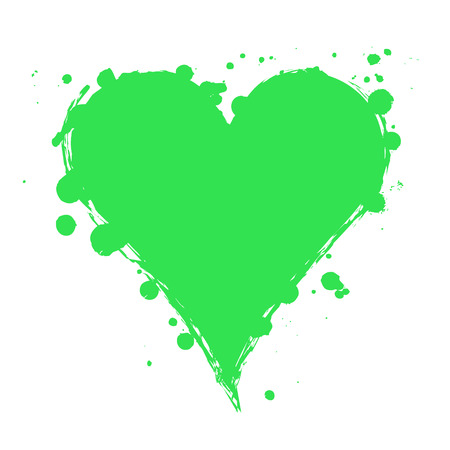 Vector green graphic grunge illustration of heart sign with ink blot, brush strokes, drops isolated on the white background. Series of artistic illustration with splash, blots and brush strokes.のイラスト素材