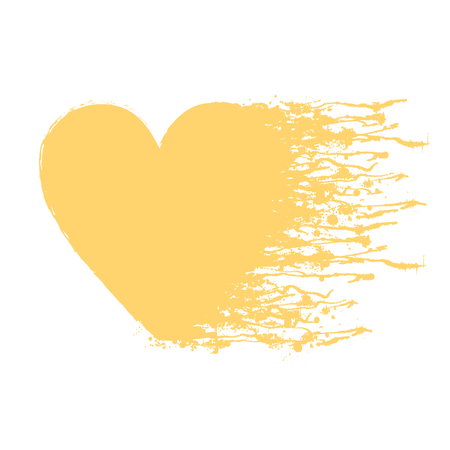 Vector yellow graphic grunge illustration of heart sign with ink blot, brush strokes, drops isolated on the white background. Series of artistic illustration with splash, blots and brush strokes.のイラスト素材