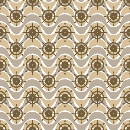 Vector seamless pattern with steering wheel, waves. Symmetrical brown background, nautical theme. Graphic illustration. Template for wrapping, backgrounds, fabric, prints, decor, surfaceのイラスト素材