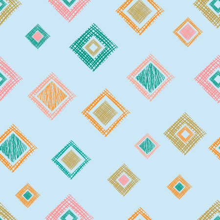 Seamless vector geometrical pattern with rhombus, squares, rectangles endless background with hand drawn textured geometric figures. Pastel Graphic illustration Template for wrapping, web backgroundsのイラスト素材