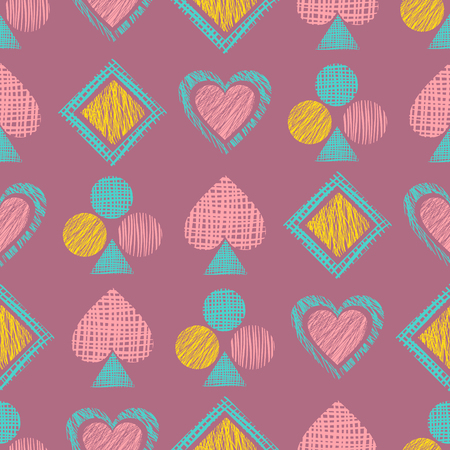 Seamless vector geometrical pattern with icons of playing cards. background with hand drawn textured geometric figures. Pastel Graphic illustration Template for wrapping, web backgrounds, wallpaperのイラスト素材