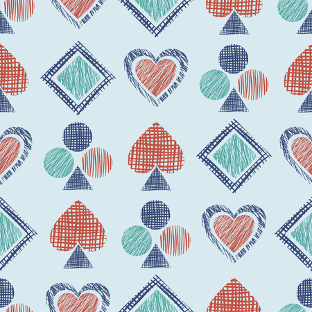Seamless vector geometrical pattern with icons of playing cards. background with hand drawn textured geometric figures. Pastel Graphic illustration Template for wrapping, web backgrounds, wallpaperのイラスト素材