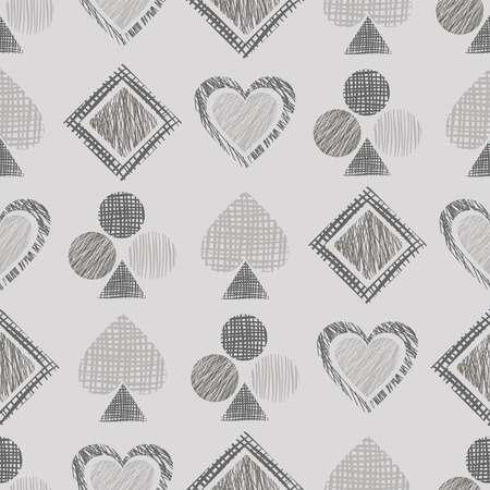 Seamless vector geometrical pattern with icons of playing cards. background with hand drawn textured geometric figures. Pastel Graphic illustration Template for wrapping, web backgrounds, wallpaperのイラスト素材