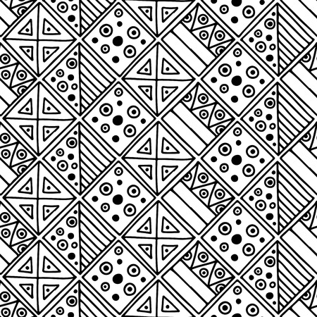 Seamless vector pattern. Black and white geometrical background with hand drawn decorative tribal elements. Print with ethnic, folk, traditional motifs. Graphic vector illustration.のイラスト素材