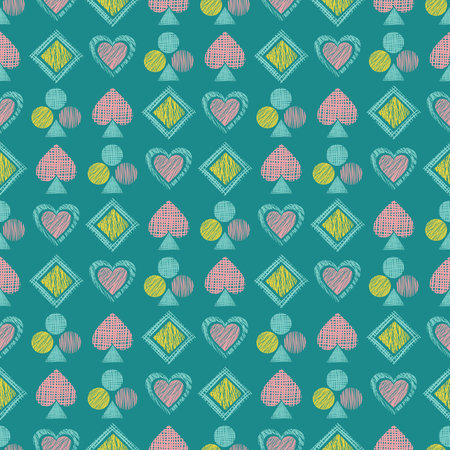 Seamless vector geometrical pattern with icons of playing cards. background with hand drawn textured geometric figures. Pastel Graphic illustration Template for wrapping, web backgrounds, wallpaperのイラスト素材