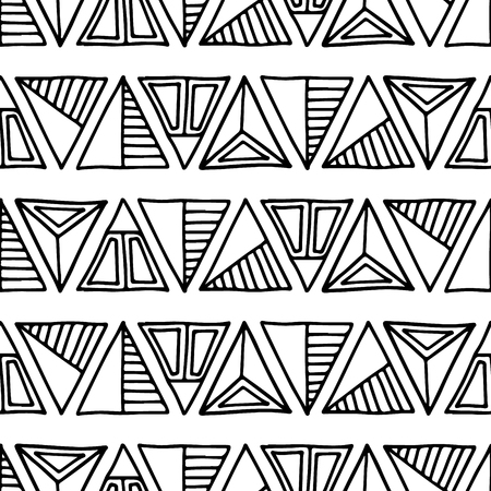 Seamless vector pattern. Black and white geometrical background with hand drawn decorative tribal elements. Print with ethnic, folk, traditional motifs. Graphic vector illustration.のイラスト素材