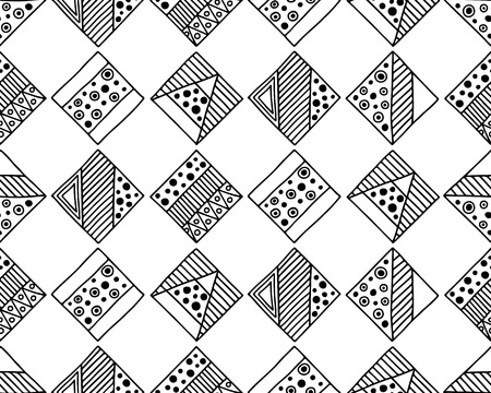 Seamless vector pattern. Black and white geometrical background with hand drawn decorative tribal elements. Print with ethnic, folk, traditional motifs. Graphic vector illustration.のイラスト素材