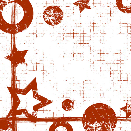 Vector drawn geometric background with geometrical figures, frame, border. Grunge template with stars, circles, dots Old style vintage design. Graphic illustration with cracks, attrition Square formatのイラスト素材