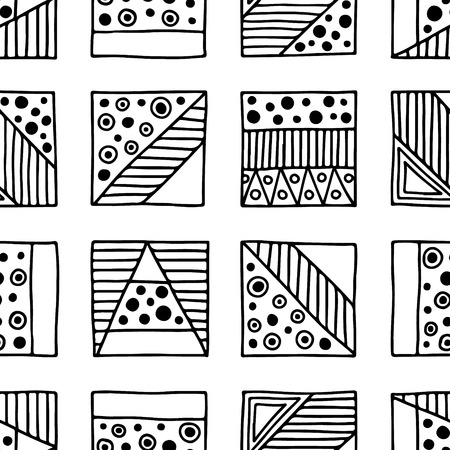 Seamless vector pattern. Black and white geometrical background with hand drawn decorative tribal elements. Print with ethnic, folk, traditional motifs. Graphic vector illustration.のイラスト素材