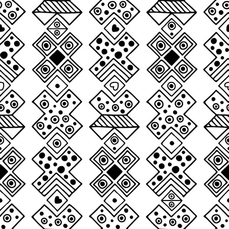 Black and white geometrical background with hand drawn decorative tribal elements.のイラスト素材
