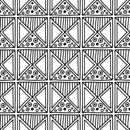 Seamless vector pattern. Black and white geometrical background with hand drawn decorative tribal elements. Print with ethnic, folk, traditional motifs. Graphic vector illustration.のイラスト素材