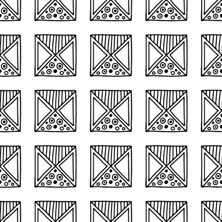Seamless vector pattern. Black and white geometrical background with hand drawn decorative tribal elements. Print with ethnic, folk, traditional motifs. Graphic vector illustration.のイラスト素材