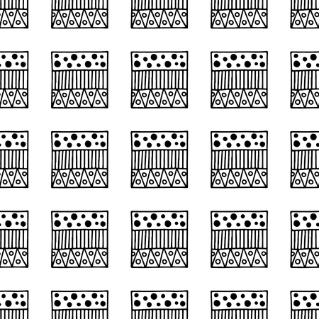 Seamless vector pattern. Black and white geometrical background with hand drawn decorative tribal elements. Print with ethnic, folk, traditional motifs. Graphic vector illustration.のイラスト素材