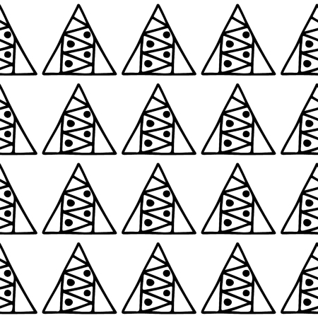 Seamless vector pattern. Black and white geometrical background with hand drawn decorative tribal elements. Print with ethnic, folk, traditional motifs. Graphic vector illustration.のイラスト素材
