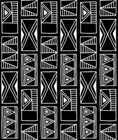 Seamless vector pattern. Black and white geometrical background with hand drawn decorative tribal elements. Print with ethnic, folk, traditional motifs. Graphic vector illustration.のイラスト素材