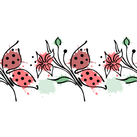 Seamless vector hand drawn floral pattern, endless border Colorful frame with flowers, leaves. Decorative cute graphic line drawing illustration. Print for wrapping, background, fabric, decor, textileのイラスト素材