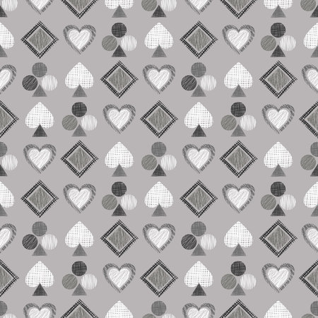 Seamless vector geometrical pattern with icons of playing cards. background with hand drawn textured geometric figures. Pastel Graphic illustration Template for wrapping, web backgrounds, wallpaperのイラスト素材