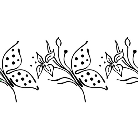 Seamless vector hand drawn floral pattern, endless border frame with flowers, leaves. Decorative cute graphic line drawing illustration. Print for wrapping, background, fabric, decor, textile, surfaceのイラスト素材