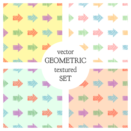 Set of seamless vector geometrical patterns with arrows. pastel endless background with hand drawn textured geometric figures. Graphic vector illustrationのイラスト素材