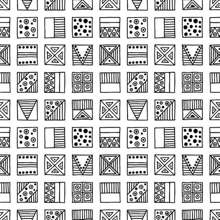 Seamless vector pattern. Black and white geometrical background with hand drawn decorative tribal elements. Print with ethnic, folk, traditional motifs. Graphic vector illustration.のイラスト素材