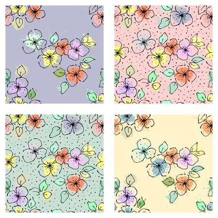 Vector set of seamless floral pattern with flowers, leaves, decorative elements, splash, blots, drop Hand drawn contour lines and strokes Doodle sketch style, graphic vector drawing illustrationのイラスト素材