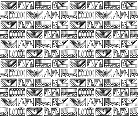 Seamless vector pattern. Black and white geometrical background with hand drawn decorative tribal elements. Print with ethnic, folk, traditional motifs. Graphic vector illustration.のイラスト素材